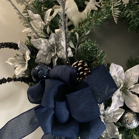 Christmas Holiday Silver & Blue Wreath 22” - Picture 2 of 6